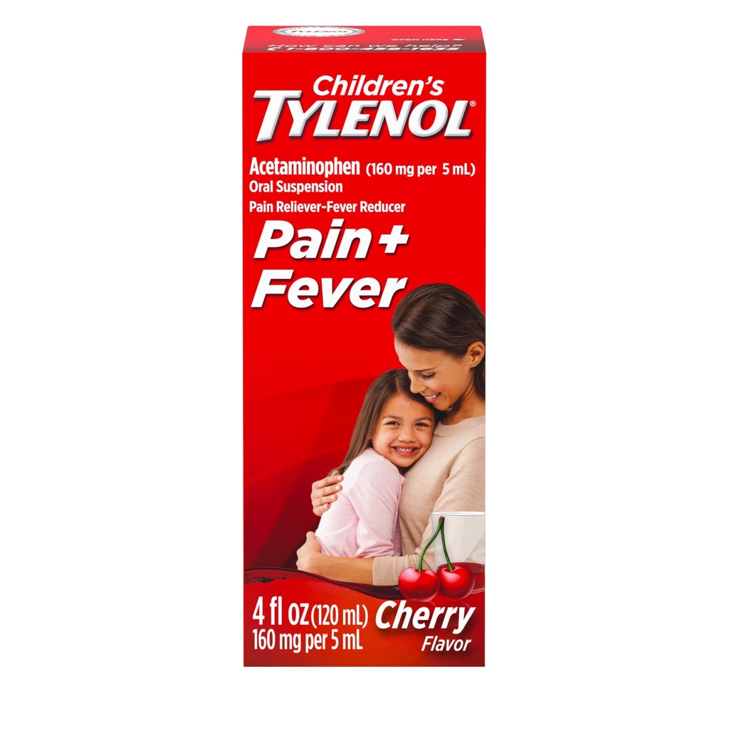 Børn Tylenol flydende oral suspension medicin, Acetaminophen Pain Reliever & Fever Reducer, Aspirin-, Ibuprofen- & Alkohol- Free, Cherry, 4 Fl. Oz