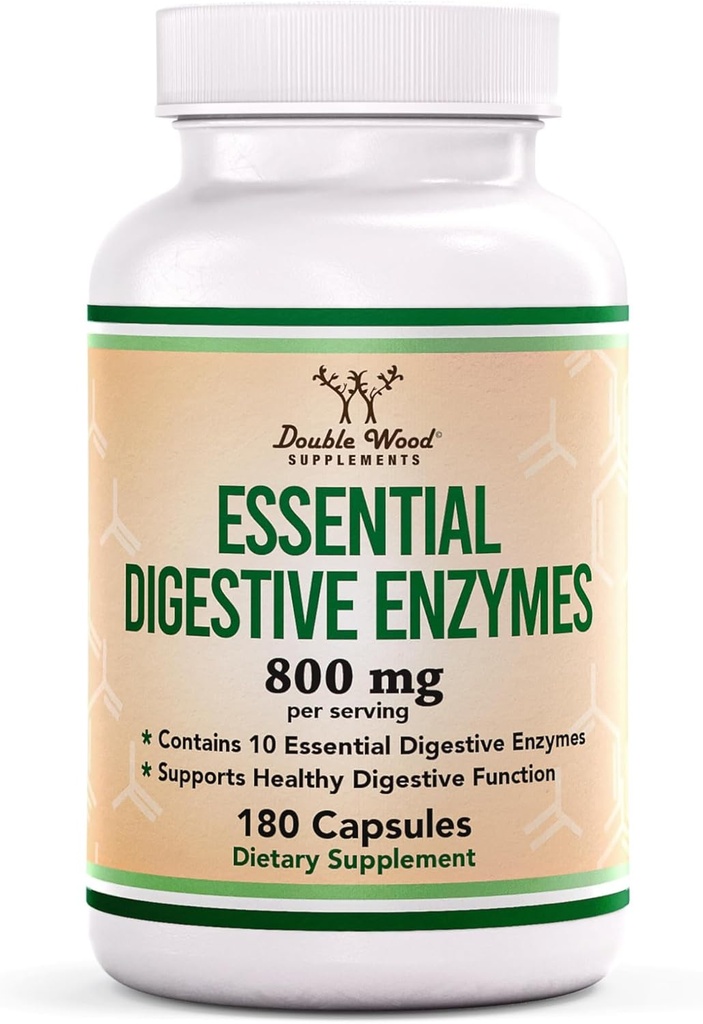 Fordøjelsesenzymer - 800mg Blanding af alle 10 mest essentielle fordøjelsesenzymer og pankreatiske enzymer (Amylase, Lipase, Bromelain, Lactase, Papain, Protease, Cellulase, Maltase, Invertase) med Double Wood