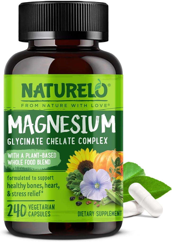 NATURELO Magnesium Glycinat Chelat Complex - 200 mg Magnesium med økologiske grøntsager til at understøtte søvn, rolig, muskelkramper og stress Relief - Gluten fri, ikke GMO - 240 kapsler