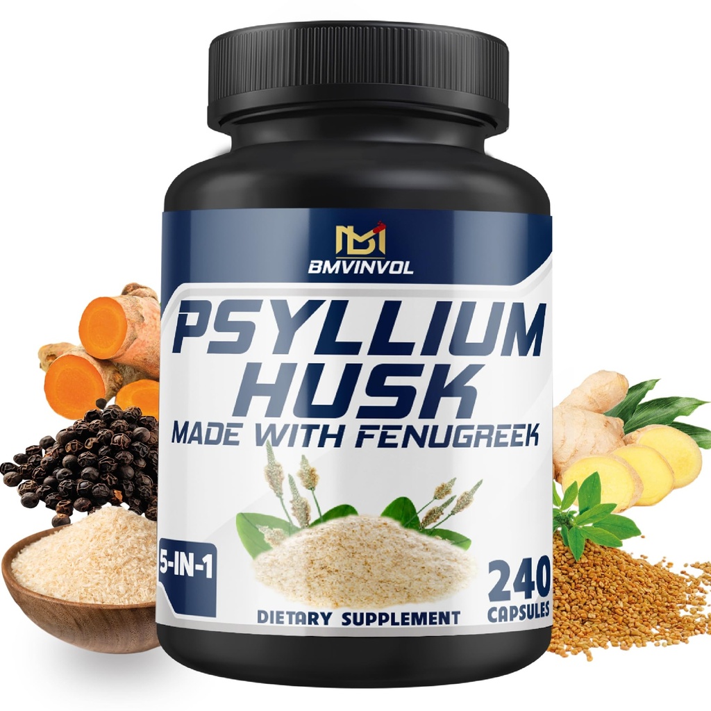 BMVINVOL Psyllium Husk Kapsler Fiber tillæg med bukkehorn, gurkemeje, Ginger, Black Pepper - Support fordøjelsessystem, Intestinal Health - 240 Tæl for 4 Måned Supply