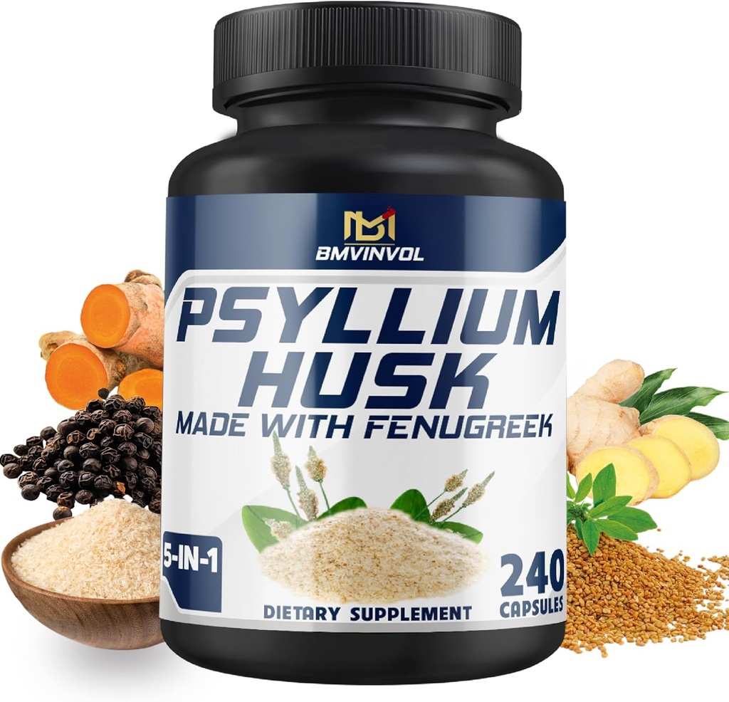 BMVINVOL Psyllium Husk Kapsler Fiber tillæg med bukkehorn, gurkemeje, Ginger, Black Pepper - Support fordøjelsessystem, Intestinal Health - 240 Tæl for 4 Måned Supply