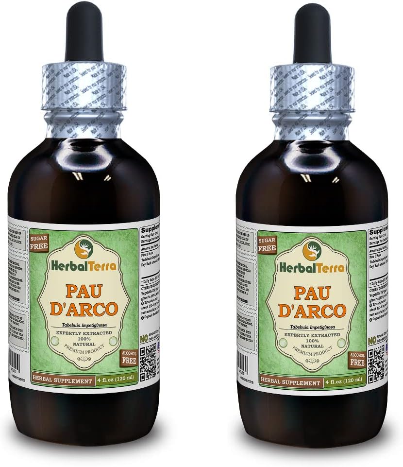 PAU d 'arco (Tabebuia Impetiginosa) Glycerit, Tørret Bark Alkohol- Free Liquid Extract (Brand Name: HerbalTerra, Stolt Made in USA) 2x4 fl.oz (2x120 ml)