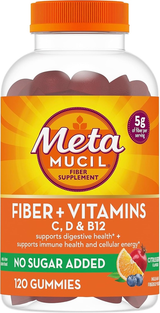 Metamucil Fiber Gummies for Adults with Vitamins C, D, B12 for Metabolism, No Sugar Added Citrus Berry Flavor, 5g Plant Based Prebiotic Fiber Supplement Blend, 120 Count