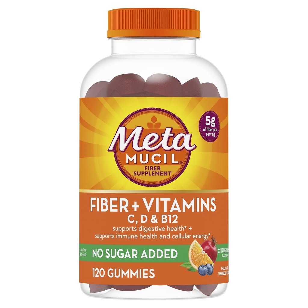 Metamucil Fiber Gummies for voksne med vitaminer C, D, B12 for Metabolisme, Ingen sukker tilsat Citrus Berry Flavor, 5g plante baseret Prebiotic Fiber Supplement Blend, 120 Tæl
