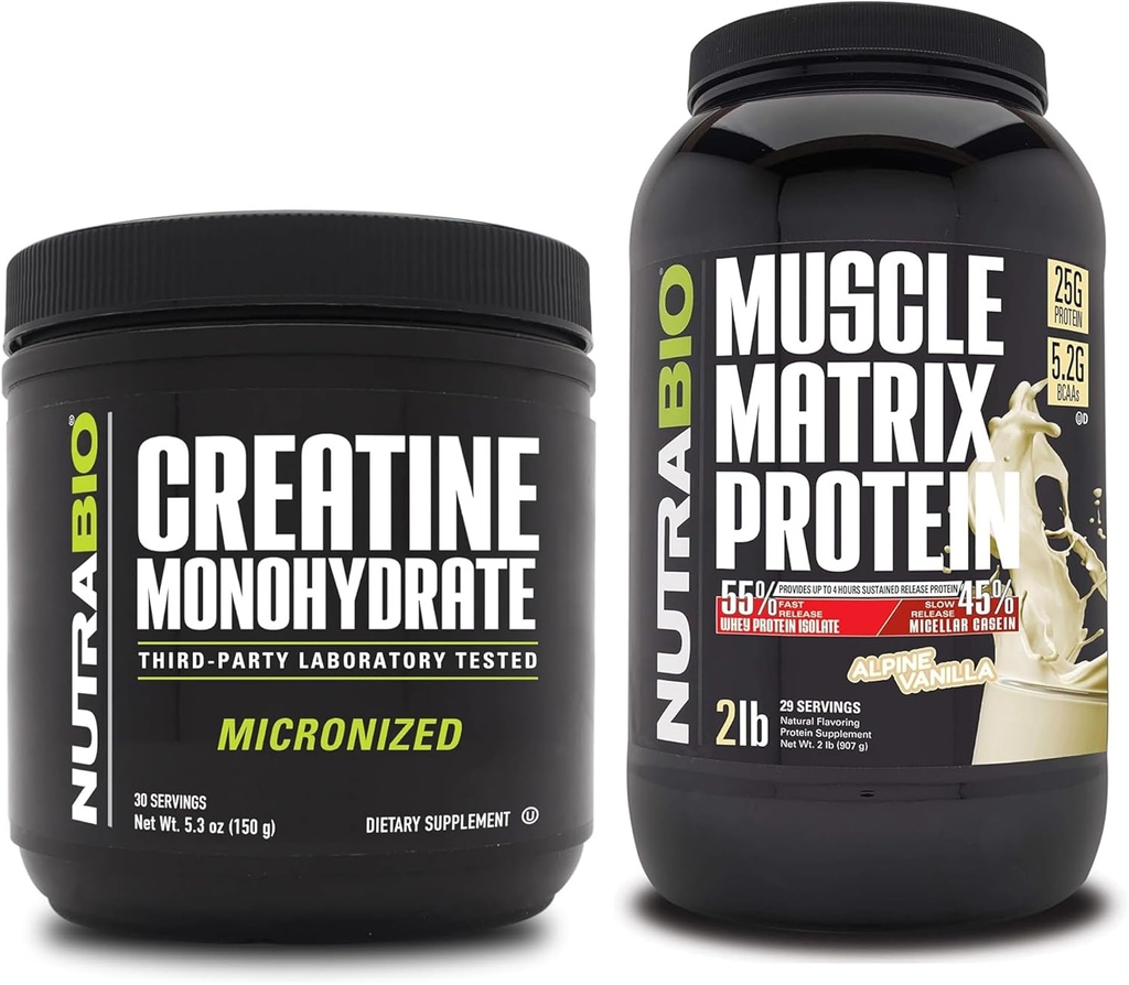 Nutrabio Creatine monohydrat, Unflavored, (150 g) og Muscle Matrix Protein Powder, (Vanilla) Supplement Bundle - Muscle Energy, maksimal vækst, opsving og styrke