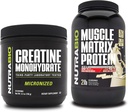 Nutrabio Creatine monohydrat, Unflavored, (150 g) og Muscle Matrix Protein Powder, (Vanilla) Supplement Bundle - Muscle Energy, maksimal vækst, opsving og styrke