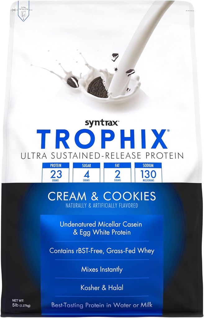 Syntrax Nutrition Trophix, Ultra Sustained- Release Protein Powder Blend, Cream & Cookies, 5 lbs. Real Cookie stykker