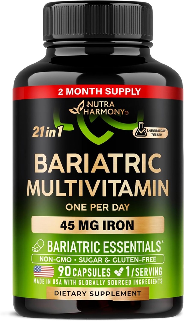 Bariatric Multivitamin - 45 mg jerntilskud - Made in USA - for kvinder & mænd - All- in- One, 21 essentielle vitaminer - Gastric Sleeve Support - Gratis sukker, Gluten & Soy - 90 kapsler, Én gang dagligt