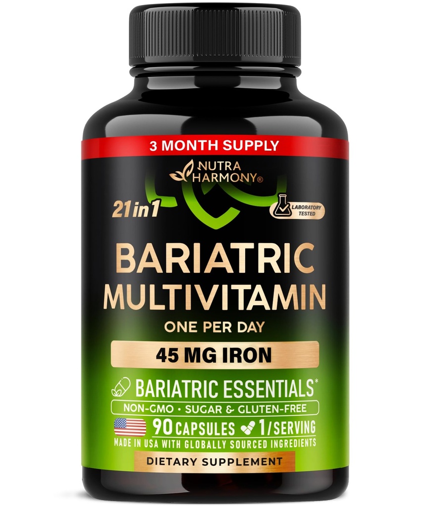 Bariatric Multivitamin - 45 mg jerntilskud - Made in USA - for kvinder & mænd - All- in- One, 21 essentielle vitaminer - Gastric Sleeve Support - Gratis sukker, Gluten & Soy - 90 kapsler, Én gang dagligt