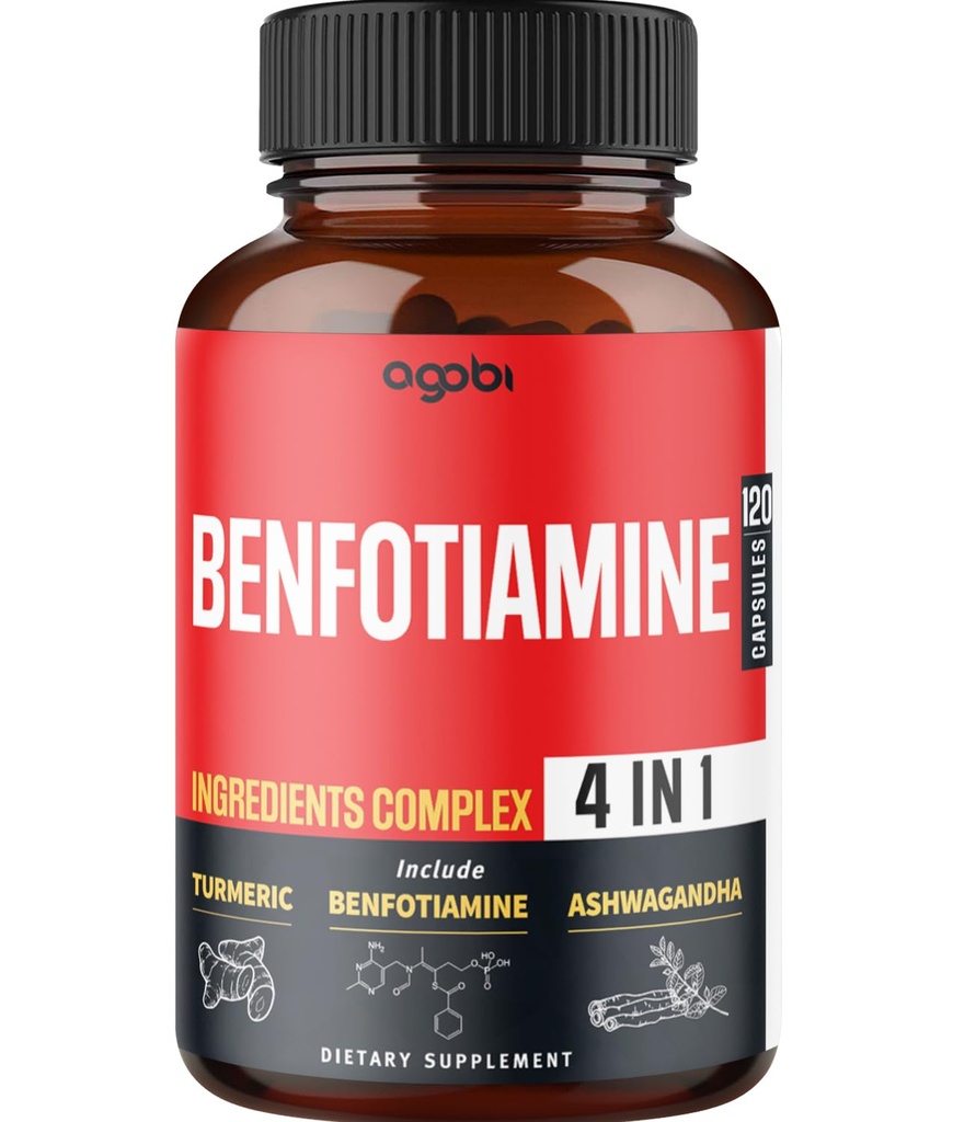 agobi 4in1 Benfotiamin Supplement - 2 Måneder for fordøjelse, energiproduktion & immun- Plus gurkemeje Curcumin Root, Ashwagandha Root & Organic Gymnema Sylvestre - 120 Kapsler