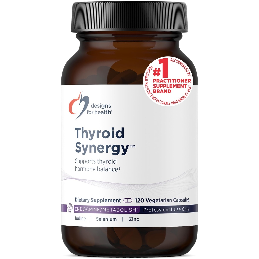 Design for sundhed Thyroid Synergy - Thyroid Support Supplement med jod, American Ginseng, Selenium, Zink + Manganese - Vegan Thyroid Vitaminer, Gluten Free (120 kapsler)