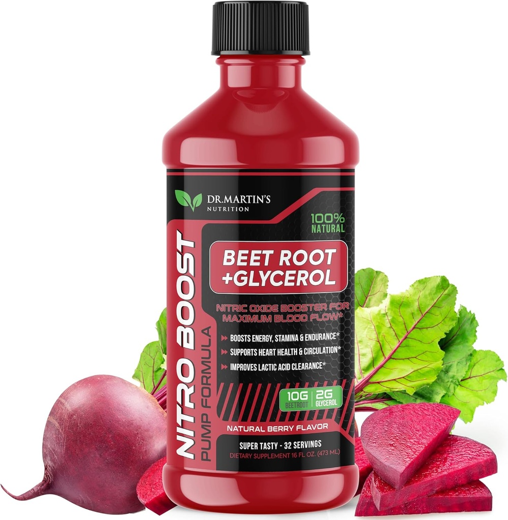 DR. MARTIN'S NUTRITION NitroBeet 12,000mg Beet Root + Glycerol for Blood Flow, Pumps & Endurance | Supports Heart Health & Circulation | Natural Beetroot Supplement for Men & Women