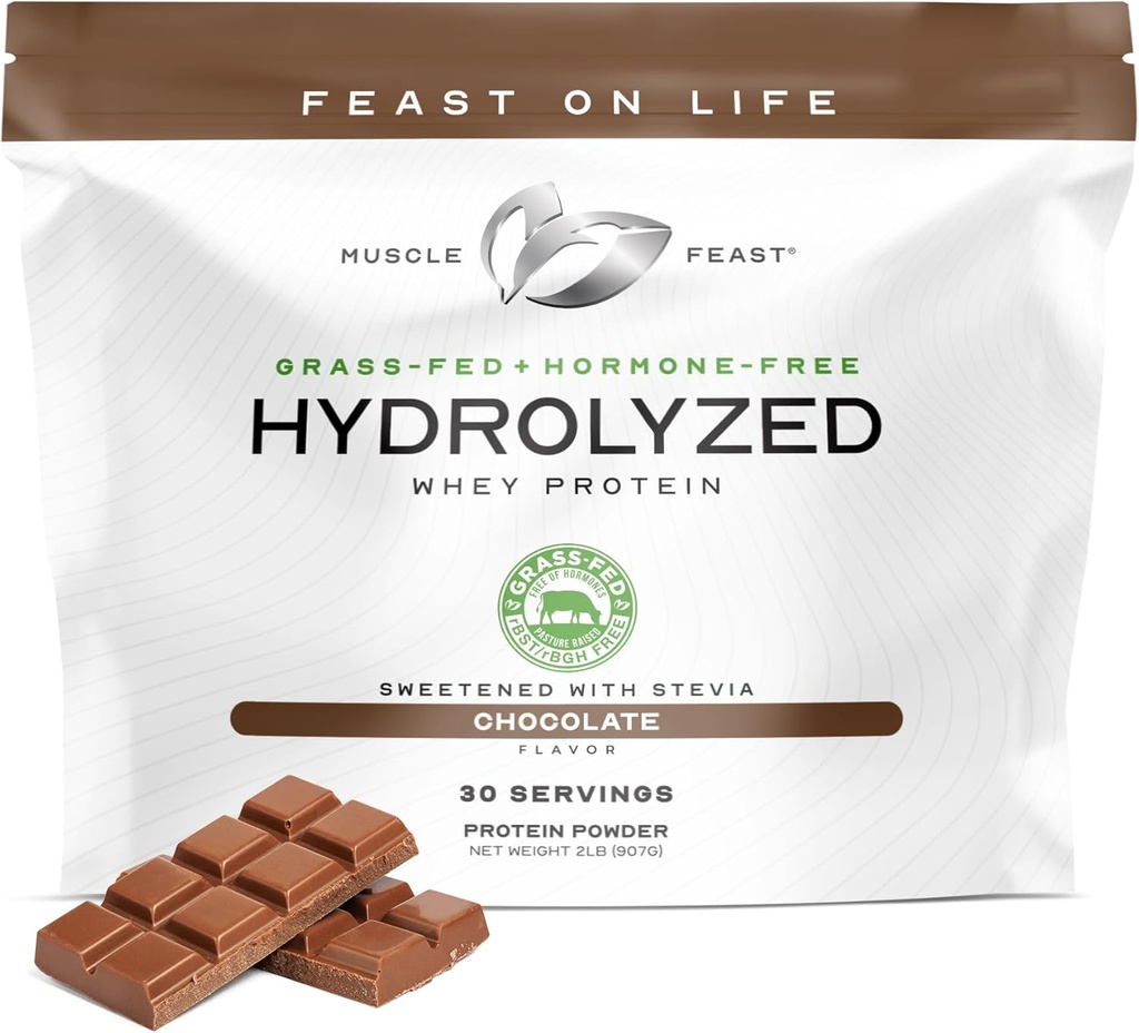 Muscle Feast Hydrolysed Whey Protein Powder, Grass Fed- og alle naturlige Hormone- Free, Hydro Whey Powder til mænd og kvinder, Gluten Free, Non- GMO, lækker Hydrolysed Protein Powder, Chocolate, 2lb
