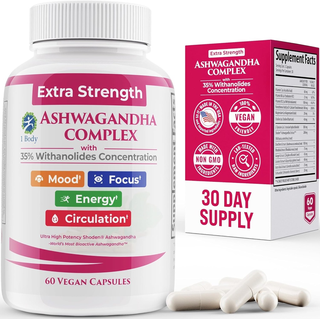 100% Natural Shoden Ashwagandha Complex Supplement - Ultra High Potency 35: 1 Koncentreret Root Extract for Sleep & Energy Support - Vegan, Non- GMO - 60 Ashwagandha kapsler