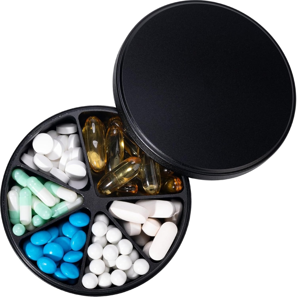 Pill Organizer med 6 afdelinger - Heavy Duty Metal Daily Pill Case, Stor Pill Container Holder, Vandtæt Medicin Dispenser Pill Box for Vitamin Supplement Medicine Fish Olies, 0,38lb, sort