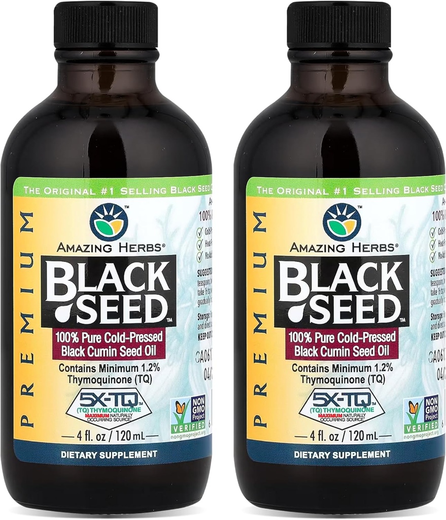 Amazing Herbs Premium Black Seed Oil - Gluten Free, Non GMO, Cold Pressed Nigella Sativa aids i fordøjelsessygdomme, immunforsvar, hjernefunktion, fælles mobilitet - 4 Fl Oz (pakke af 2)