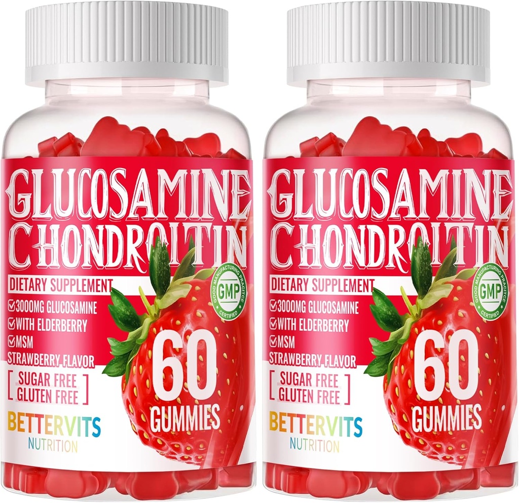 Glucosamin Chondroitin Gummies med MSM & Elderberry Extra Strength - Fælles støtte, Antioxidant immunsupport supplement til voksne, mænd og kvinder. 120 Jordbærgumier
