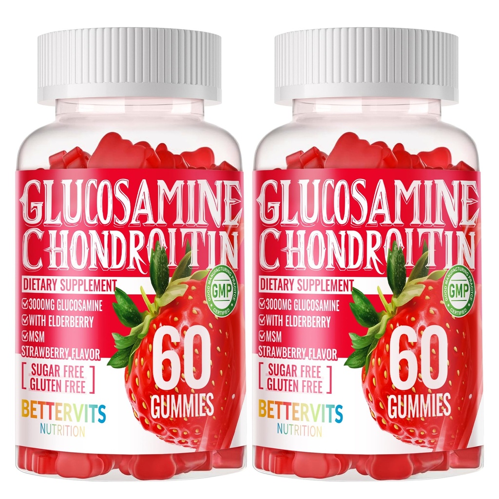 Glucosamin Chondroitin Gummies med MSM & Elderberry Extra Strength - Fælles støtte, Antioxidant immunsupport supplement til voksne, mænd og kvinder. 120 Jordbærgumier