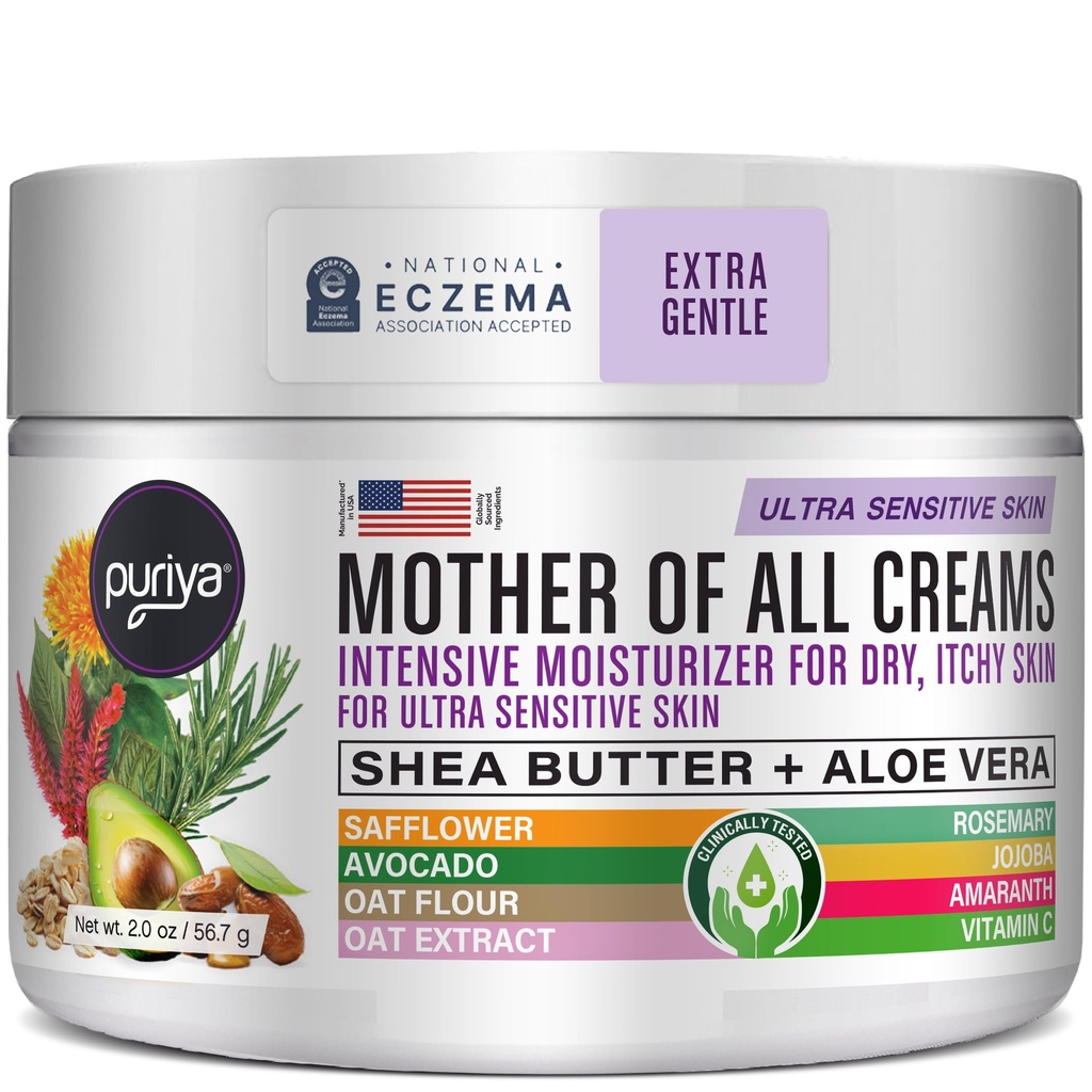 Puriya National Eczema Association Accepted Cream 2 oz, Tør Itchy Hud Relief, Kolloid havregryn lotion, For børn, voksne, ansigt, hænder, mor til alle cremer, Plantbaseret hydrering, Ingen duft tilføjet
