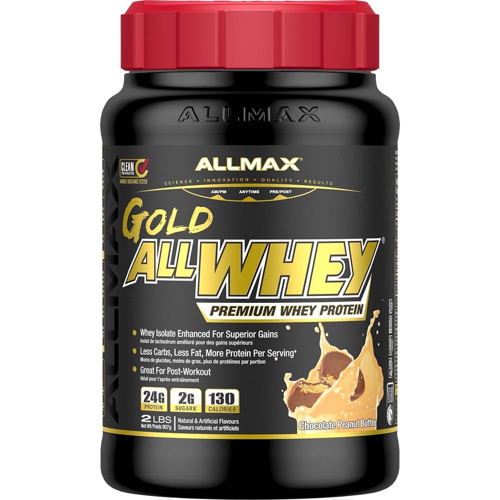 ALLMAX Nutrition Gold ALLWHEY, Chokolade Peanut Butter - 2 LB - 24 Bedste Protein Per Scoop - Gluten Free, Lavcarb & Lavsukker - Ca. 30 Servering