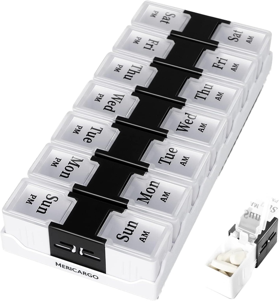 MERICARGO Weekly Pill Organizer 2 gange om dagen, Easy Open Travel Pill Box, Am Pm Pill Organizer 7 dag for medicin, vitaminer, fiskeolier og kosttilskud