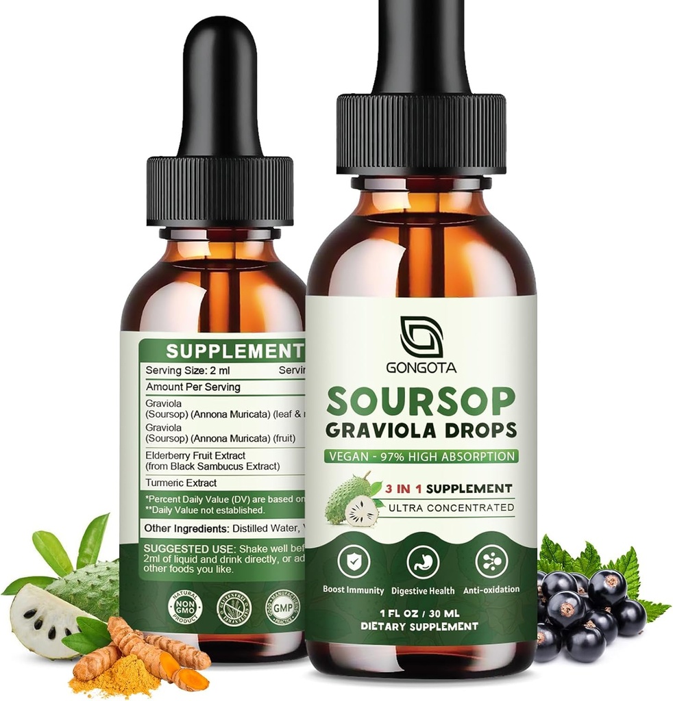 Soursop Graviola Leaf Extract Drops til Cellular Support, Antioxidant, Lever, fordøjelsesstøtte, Vegan Soursop Bitters Drops, Herbal Essence, Sugar Free / Gluten Free, Natural Flavor - 2 fl oz