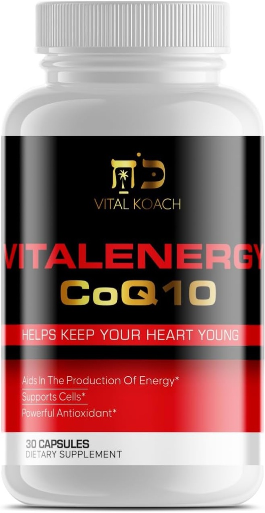 Vitalenergy CoQ10 Ubiquinone 200mg, 30 kapsler, understøtter kardiovaskulær sundhed, cellulær energiproduktion, og antioxidant, hvid / rød / sort