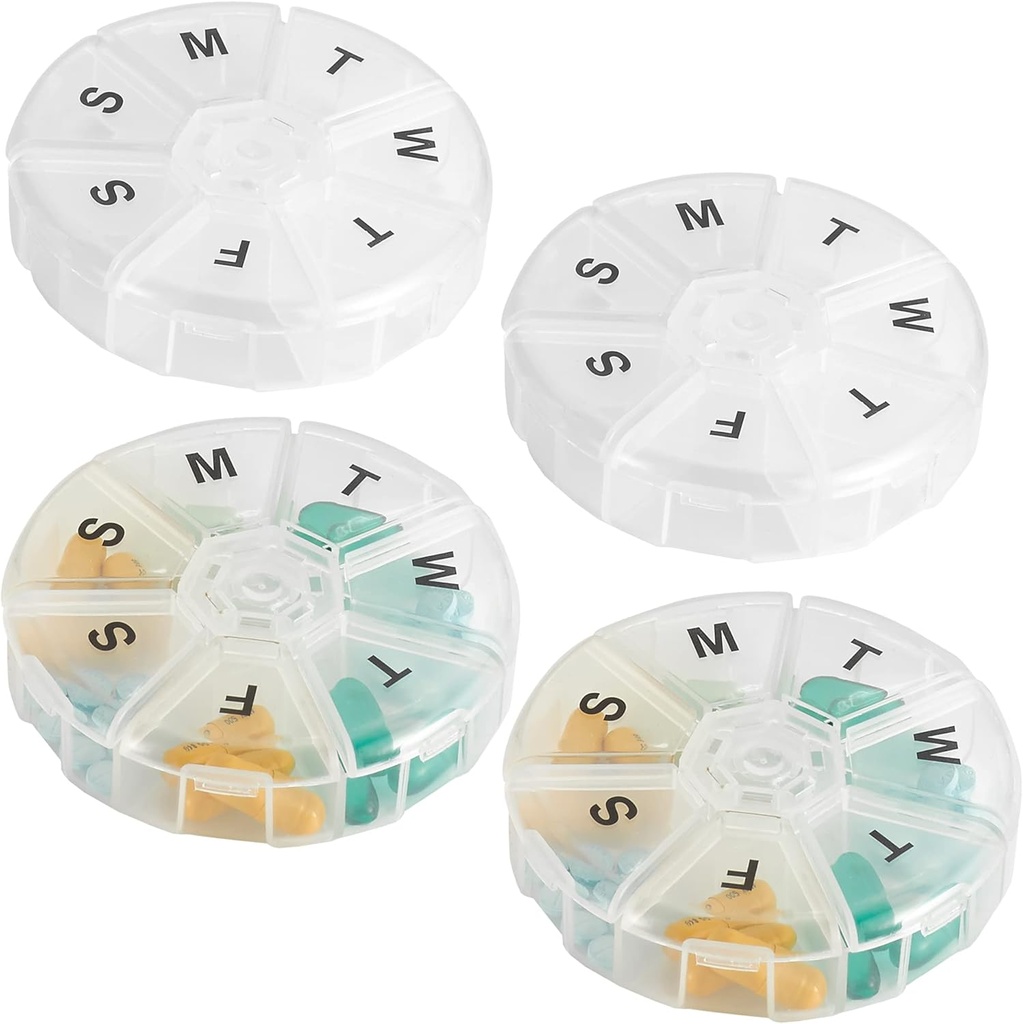 Stor Ugentlig Pill Organizer - (Pakke af 4) Daglig Pill Cases, Round Pill Organizer 7 Dag Container, Medicine Planner, Pill Reminder, BPA- Gratis for piller Vitaminer, Kosttilskud og fiskeolier