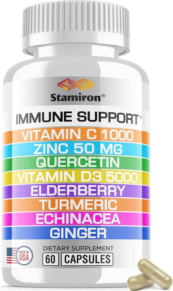8 i 1 Immunstøtte med Quercetin Zink 50mg C 1000mg vitamin D3 5000 IE og Elderberry Echinacea Ingefær til voksne børn - VIT D supplement Veg kapsler