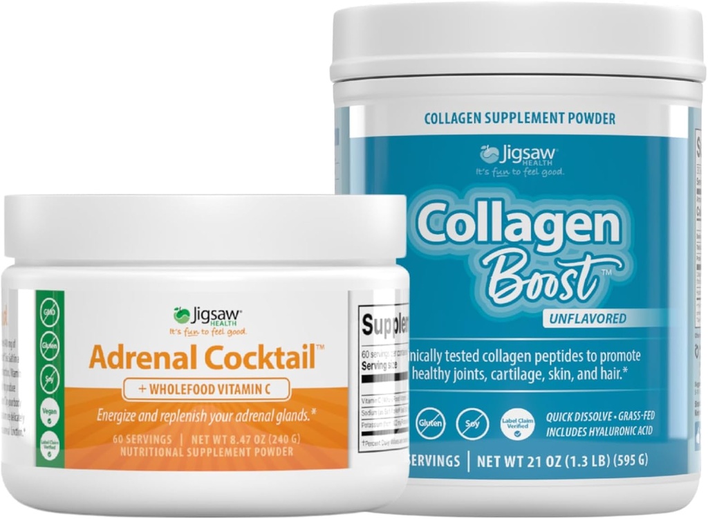 Jigsaw Health Bundle Buddy 124; Adrenal Cocktail, 60 Servere (Jar), og Collagen Boost, 30 Servere (Jar)