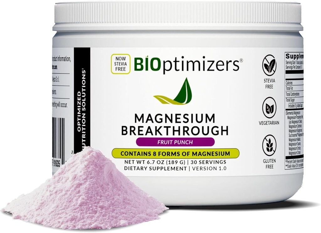 BIOptimizer Magnesium Breakthrough Drink - 8 former for Magnesium, Electrolytes, Sleep Health, Stress, Muscle Recovery, Heart Support, 124; Glycinate, Citrate, Malat - Fruit Punch