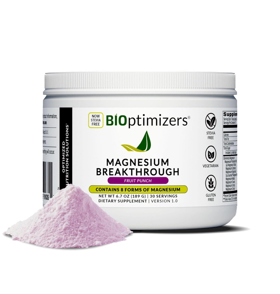 BIOptimizer Magnesium Breakthrough Drink - 8 former for Magnesium, Electrolytes, Sleep Health, Stress, Muscle Recovery, Heart Support, 124; Glycinate, Citrate, Malat - Fruit Punch