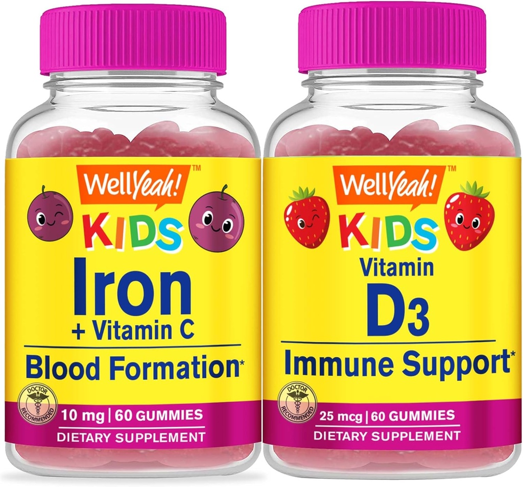 WellYeah Iron + C-vitamin Kids + D3-vitamin Kids, Gummies Bundle - Great Tasting, Vitamin Supplement, Gluten Free, GMO Free, Chewable Gummy