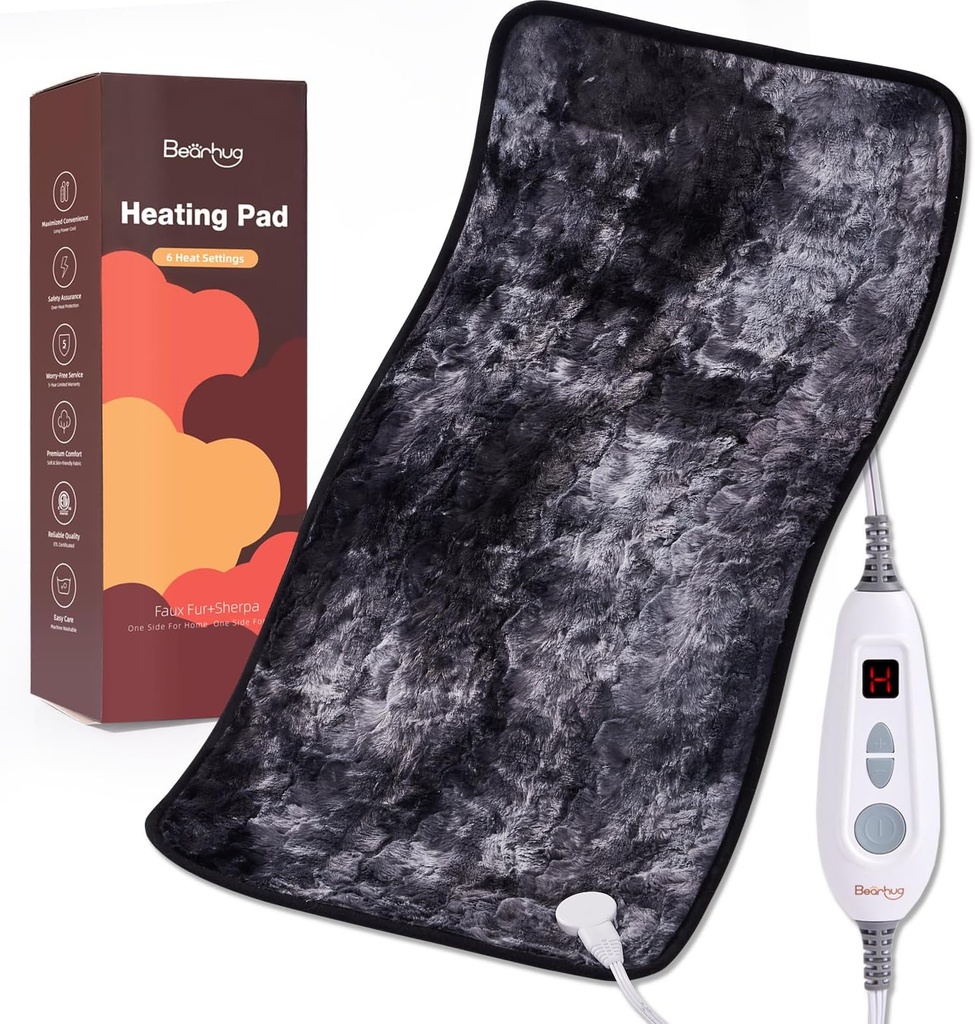 Bearknus XXL elektrisk opvarmet Pad 17 "x33" Double- Sidet Faux Fur opvarmning Pad, 6 varmelegemer, 2-timers Auto-Off, fugtig & tør varme terapi til ryg smertestillende, maskine vaskbar, ETL Certificeret - gaveæske