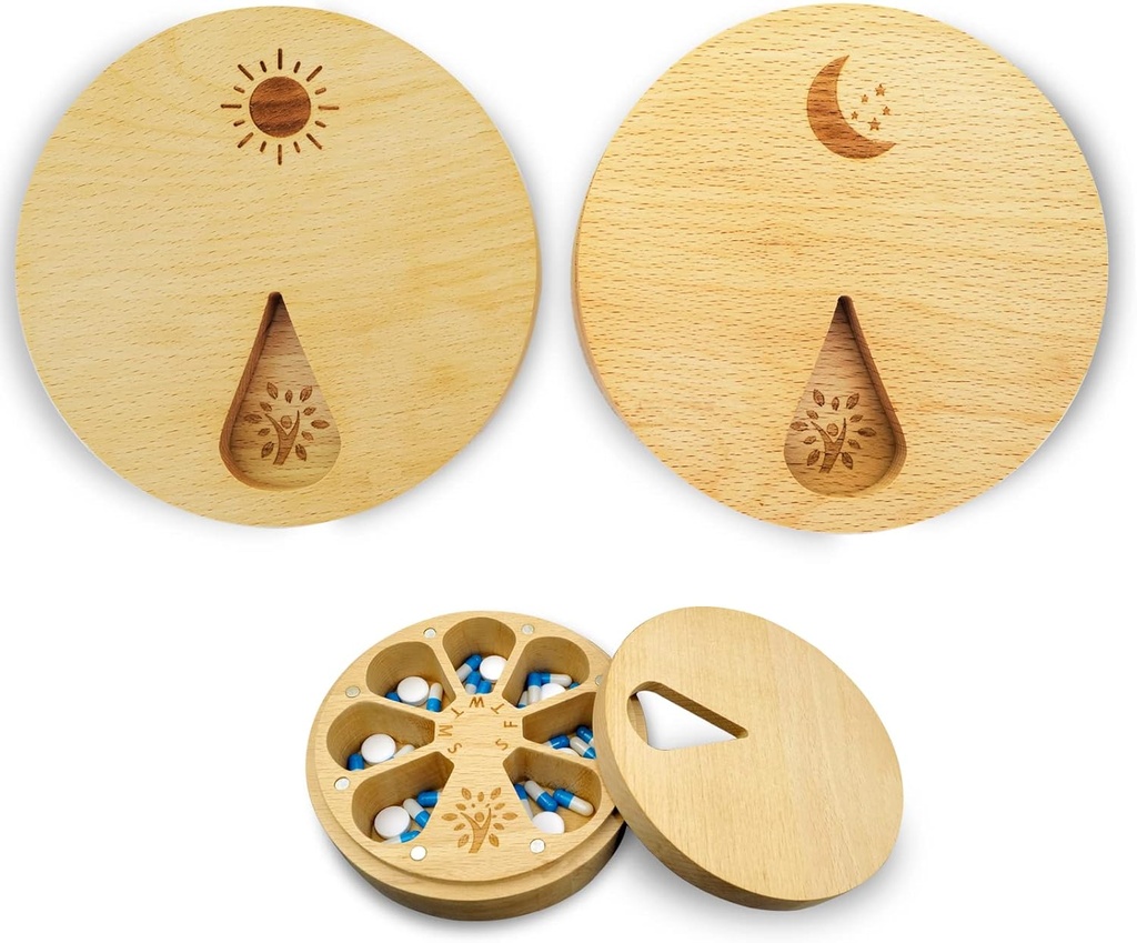 AM & PM sæt af 2 Wood Weekly Pill Organizer for Medicine Vitamin 2 gange om dagen, Gigt Friendly 7-Day Pill Box Medium Compartments Holder, Daglig Portable Travel Pill sag med Velvet Bag