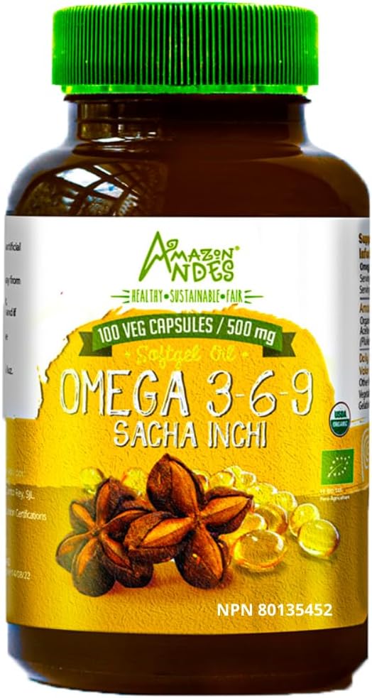 Andes Sacha Inchi Oil Capsules - Kilde til Omegas 3, 6 og 9 - Healthier Kilde til essentielle fedtsyrer - Vegan, Non- GMO, Allergen- free & Gluten Free - 100 Softgel Pills (500mg) - Made in Peru