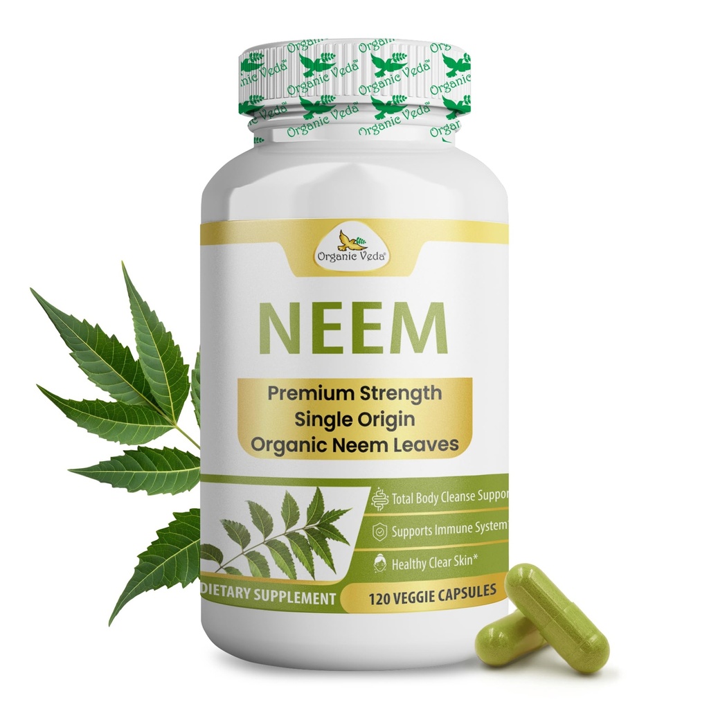 Organic Veda Neem Capsules, 1000mg - Organic Herbal Supplement Made with Ayurvedic India Neem Leaf Powder - Understøtter strålende hud, immunforsvar, Detox, sund inflation respons - 120 Veggie kapsler