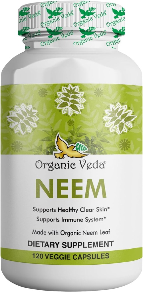 Organic Veda Neem Capsules, 1000mg - Organic Herbal Supplement Made with Ayurvedic India Neem Leaf Powder - Understøtter strålende hud, immunforsvar, Detox, sund inflation respons - 120 Veggie kapsler