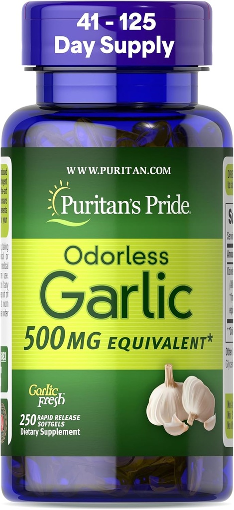 Puritan 's Pride Premium Odorless Hvidløg Fresh 500mg, Traditional Dietary Supplement for Heart Health and Circulation Support med Antioxidant Egenskaber, 250 Rapid Release Softels