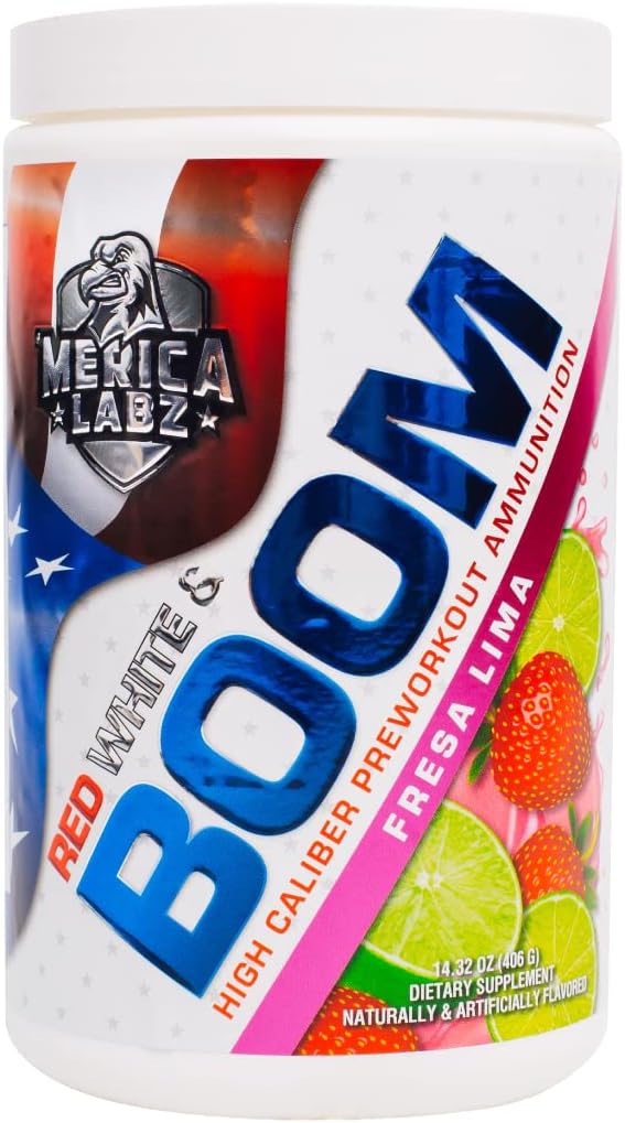 'Merica Labz Red, hvid, og Boom, High Caliber Pre Workout med VasoDrive- AP ®, 350mg Koffein, Max Energy, Pump og Focus, Øget blodgennemstrømning og muskelvolumen, 20 Serveringer (Fresa Lima)
