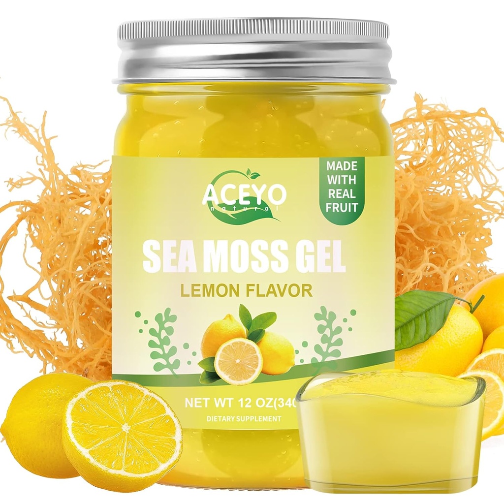 ACEYO (12 OZ) Irish Sea Moss Gel Organic Raw Vegan Lemon Flavor 102 Vitamin og mineral Wild Harveed Non-GMO immunforsvar Booster Thyroid fordøjelsesstøtte