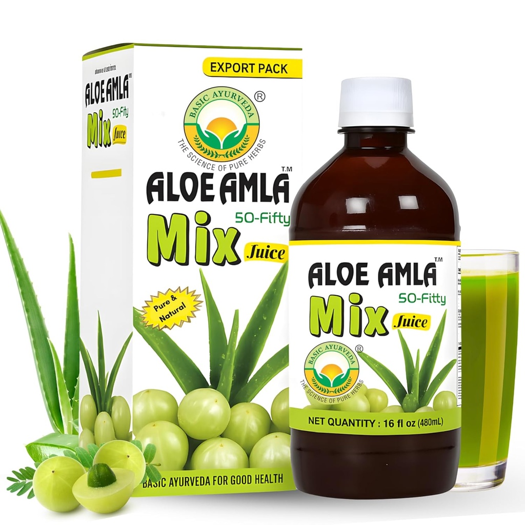 Basic Ayurveda Gooseberry + Aloe Vera Juice - 16,23 Fl Oz (480ml) Note 124; 50- 50 Herbal Mix for Immunitet, fordøjelse & Skin Health
