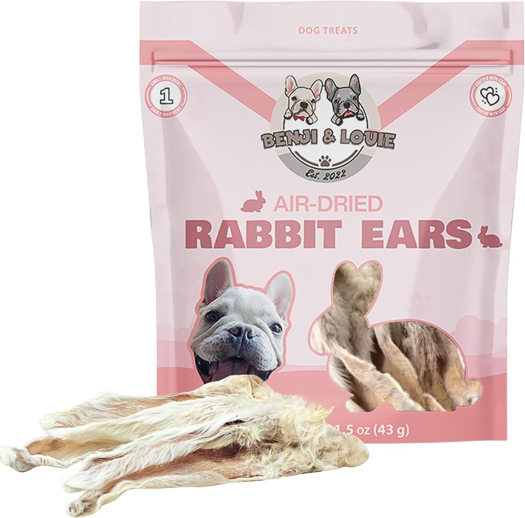 Benji & Louie Air Tørrede hele kanin ører med Fur - Natural Sund Hund Treats eller Hund Chews, Single Ingredient, 1,5 oz, 4 til 6 Greve