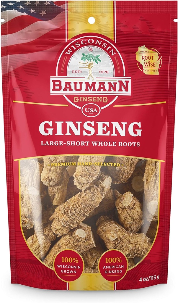 Baumann Wisconsin Ginseng Hel Rødder - Stor Kort (4 oz.) - 100% Natural Wisconsin Grown Panax Ginseng Herb - Pure Tørret amerikansk Ginseng med antioxidant Ginsenosider for forbedret fokus og energi