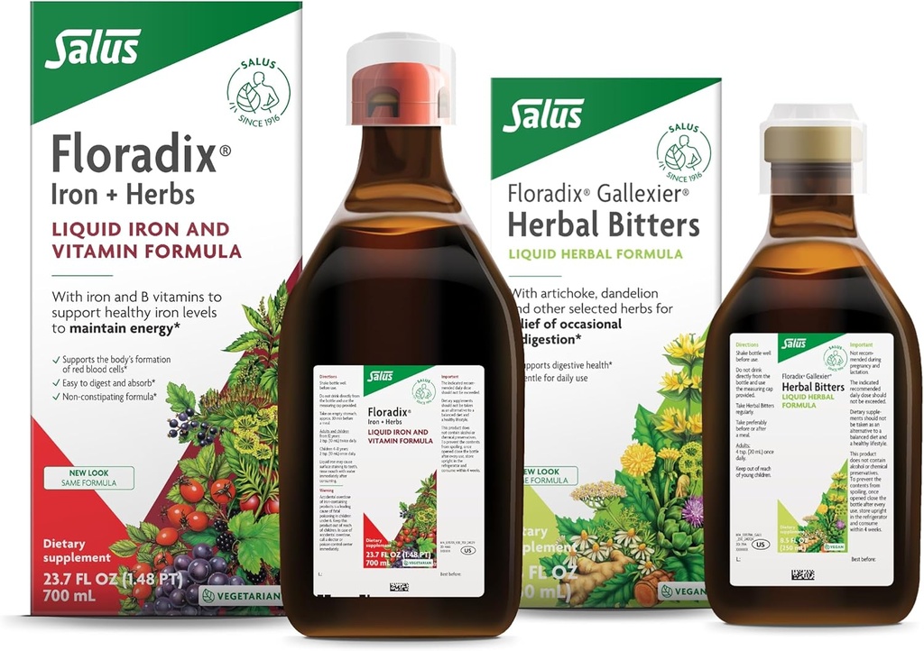 Floradix by Salus Gallexier Herbal Bitters (8.5 oz) & Iron & Herbs (23.7 oz) Bundle - Herbal Bitter til fordøjelsesstøtte * - Iron Supplement til sund energistøtte *