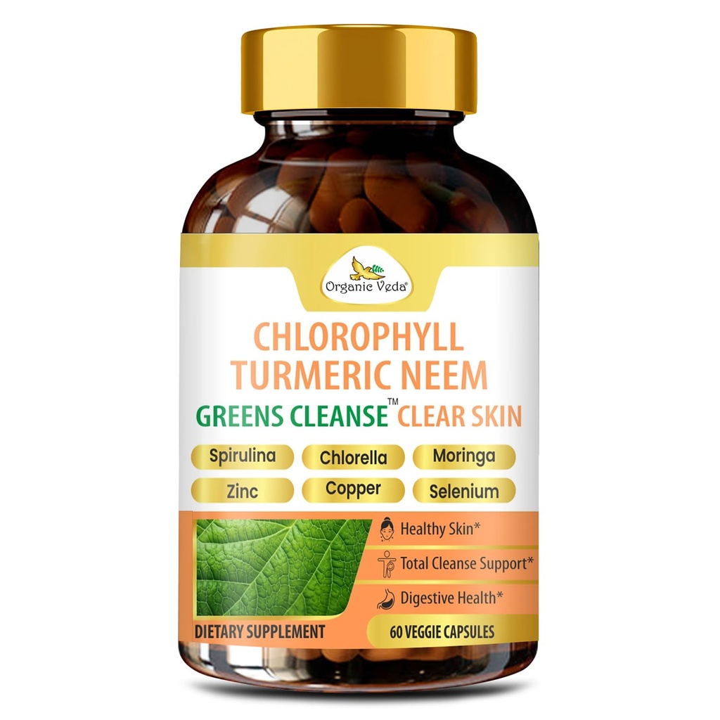 Økologisk Veda gurkemeje Neem Chlorophyll, glødende klar hud, Acne tillæg, Gut sundhed & alt Kropslæde - Grønne Antioxidanter, Spirulina, Chlorella, Moringa, C-vitamin & zink - 60 kapsler