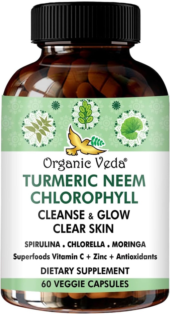 Økologisk Veda gurkemeje Neem Chlorophyll, glødende klar hud, Acne tillæg, Gut sundhed & alt Kropslæde - Grønne Antioxidanter, Spirulina, Chlorella, Moringa, C-vitamin & zink - 60 kapsler