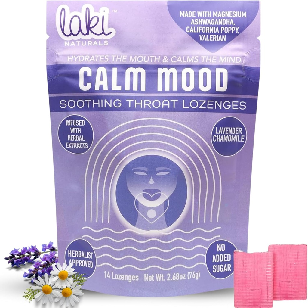Laki Naturals Lavender Kamille Calm Mood Functional Herbal Lozenges (14ct) Throat & Calming Hard Candies med Magnesium, Ashwagandha, Californien Poppy & Valerian. Vegansk, sukkerfri, gluten fri