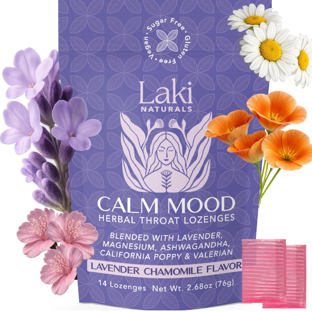 Laki Naturals Lavender Kamille Calm Mood Functional Herbal Lozenges (14ct) Throat & Calming Hard Candies med Magnesium, Ashwagandha, Californien Poppy & Valerian. Vegansk, sukkerfri, gluten fri