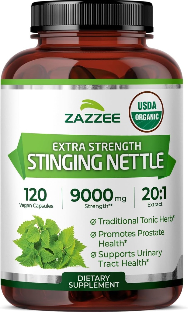 Zazzee USDA Organic Stinging Nettle 20: 1 Extract, 9000 mg Strength, 120 Vegankapsler, 4 Måned Supply, Koncentreret, Standardized 20X Extract, Certified Organic, 100% Vegetar, All- Natural, Non- GMO